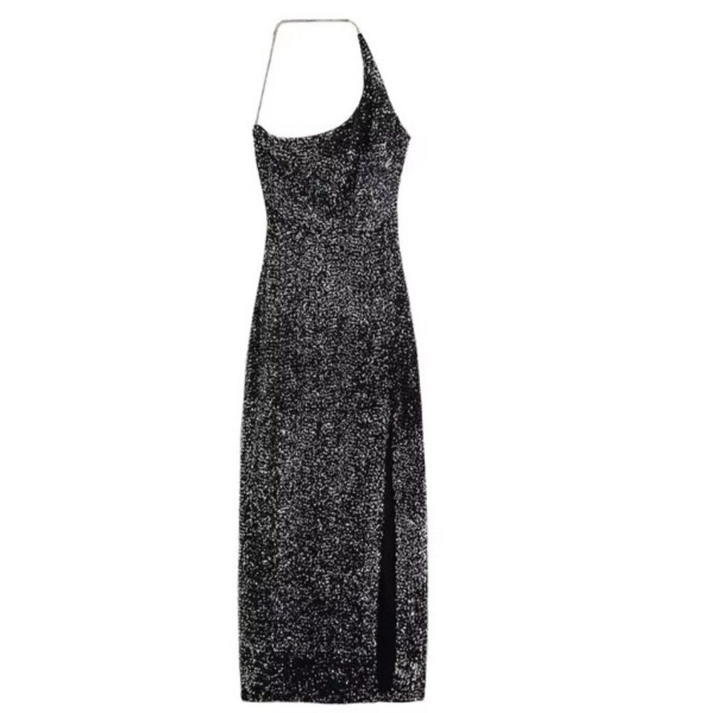 Zara Womens Midi Dress S Black Silver Sparkling Sequined Slim Fit 9745/628 NWT